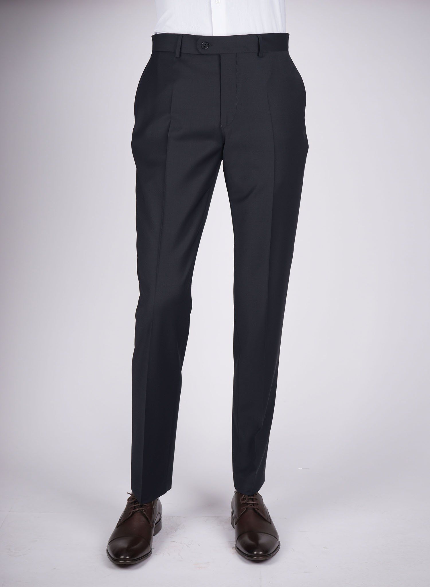 Mid-Slim Wool-Poly Plain Trousers - HerrWidman -#color_navy