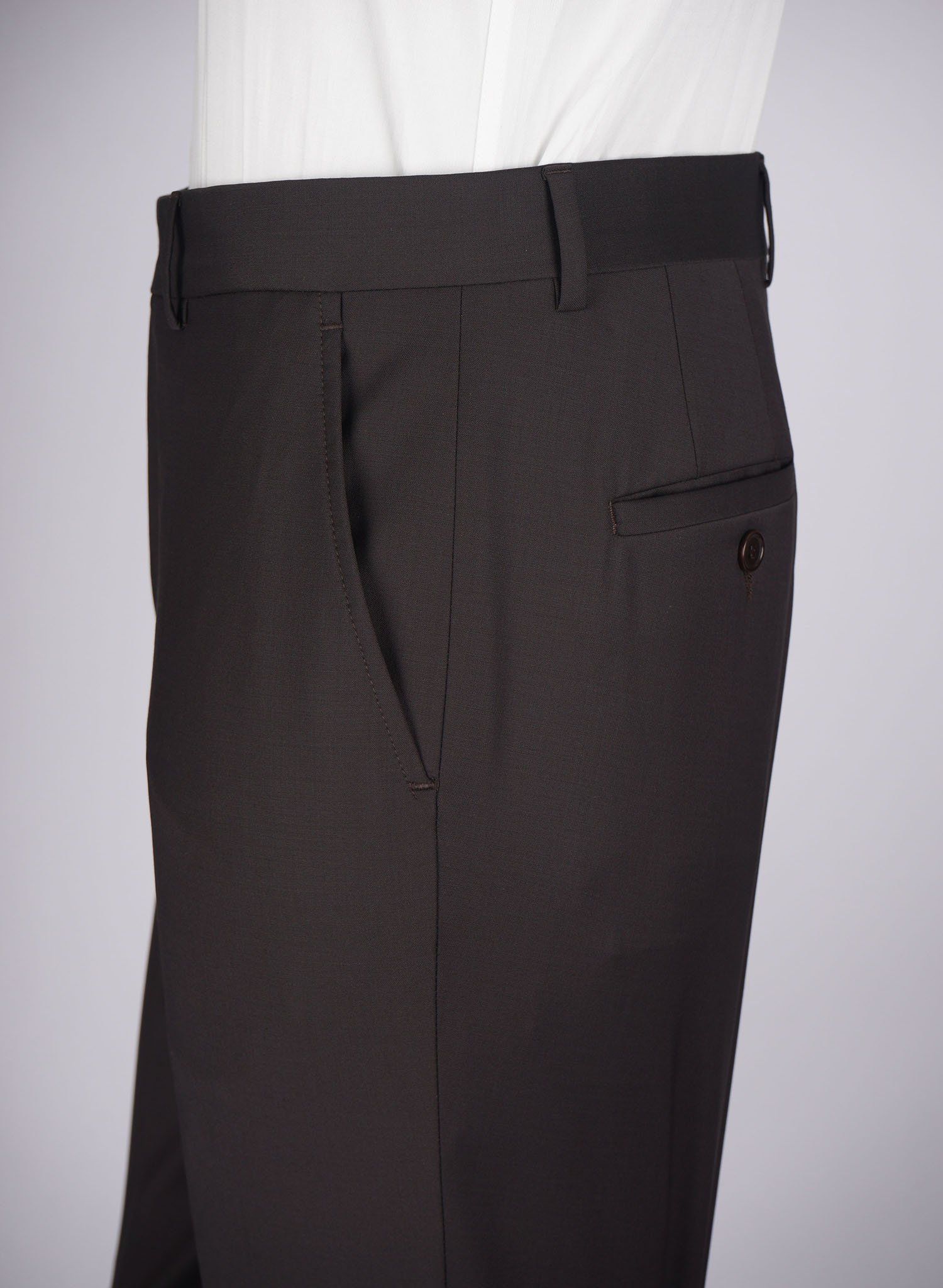 Mid-Slim Wool-Poly Plain Trousers - HerrWidman -#color_brown