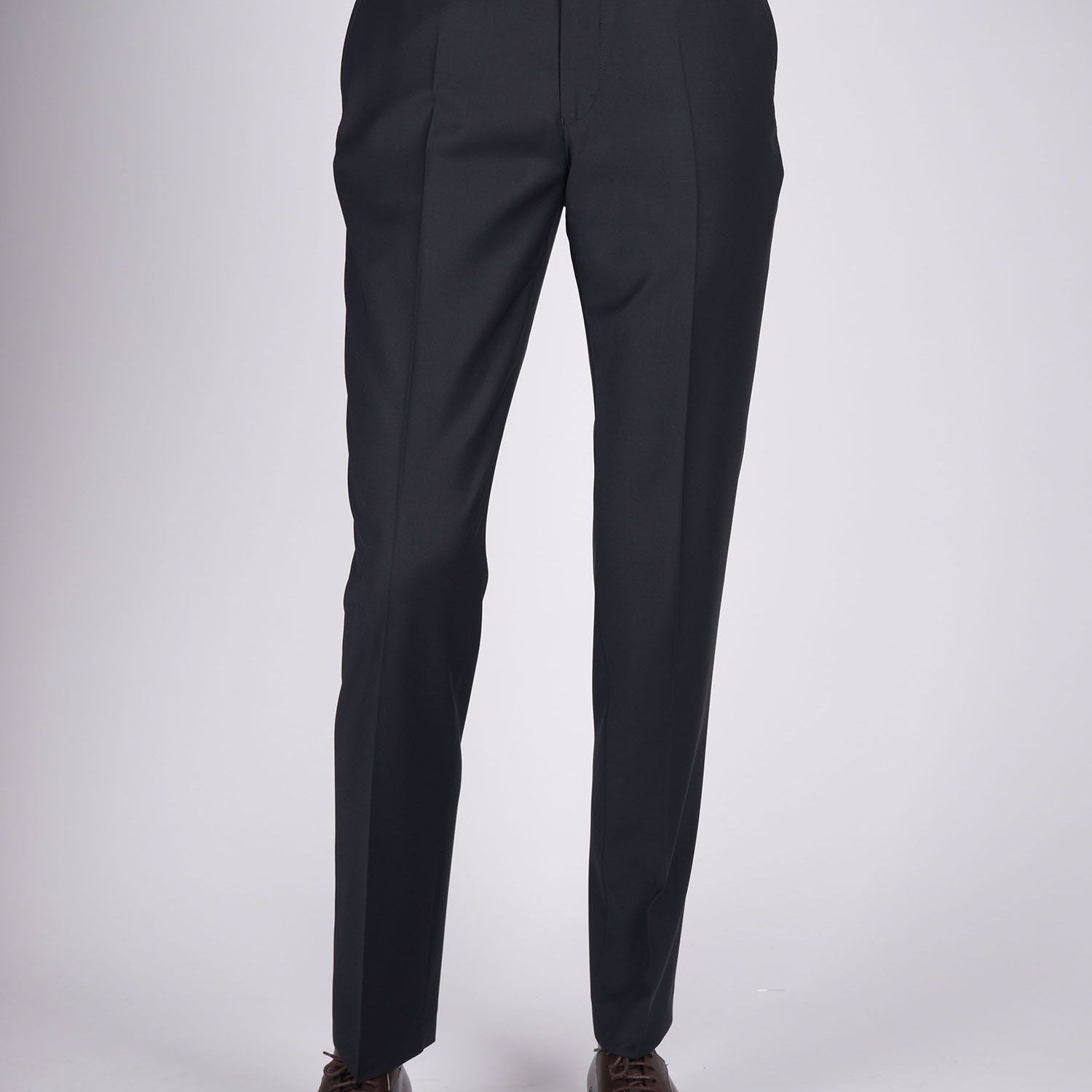 Mid-Slim Wool-Poly Plain Trousers - HerrWidman -#color_navy