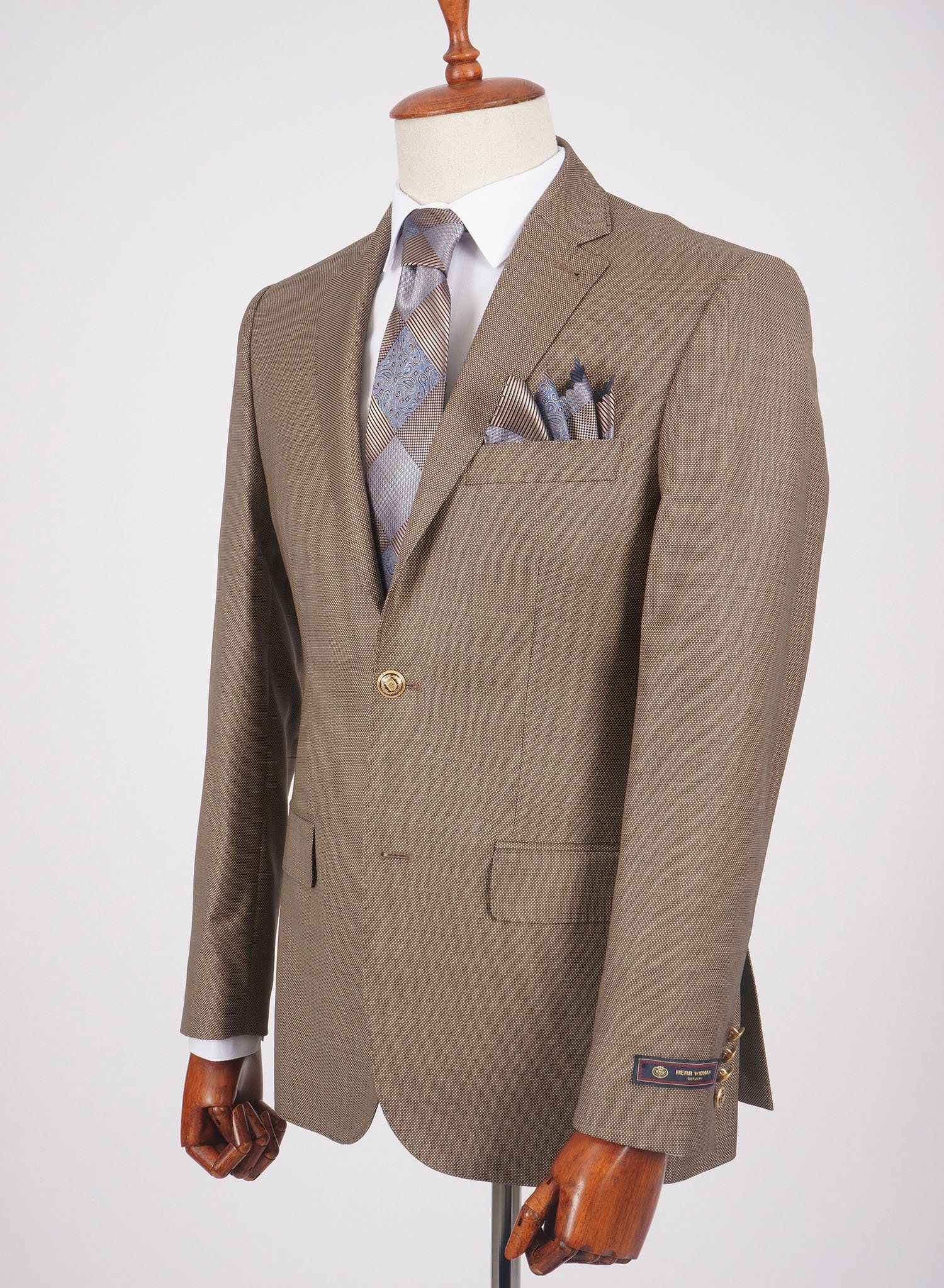Mid-Slim Two Button Wool Jacket in Micro Pattern - HerrWidman -#color_dark-beige