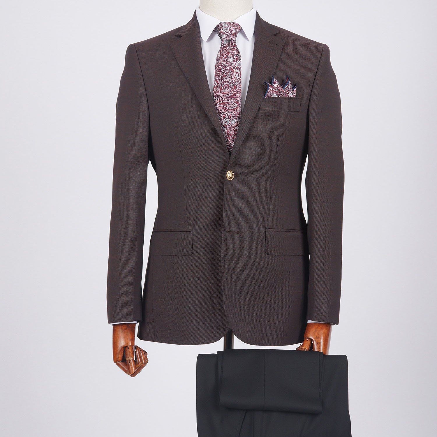 Mid-Slim Two Button Wool Jacket in Micro Pattern - HerrWidman -#color_maroon