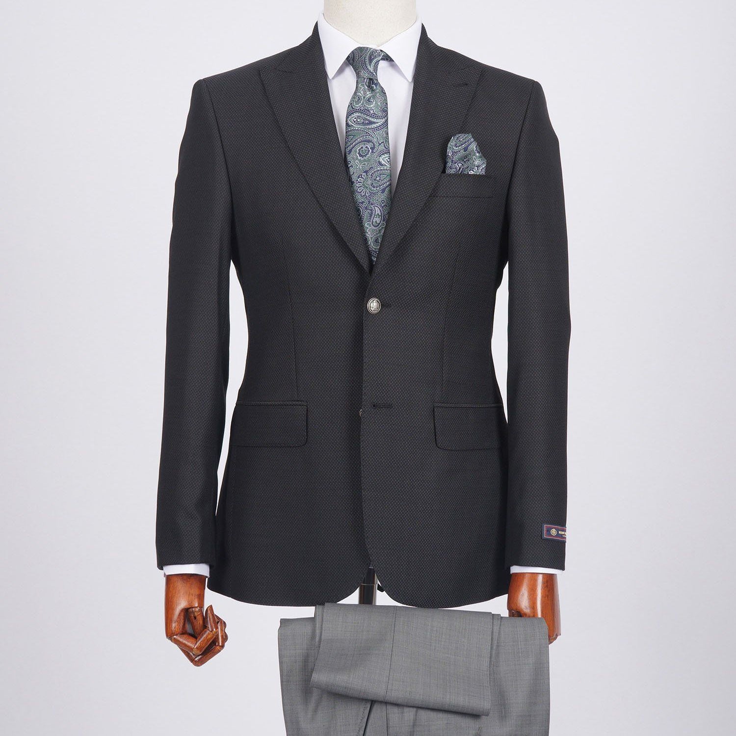 Mid-Slim Two Button Peak Lapel Wool Jacket in Micro Pattern - HerrWidman -#color_dark-grey