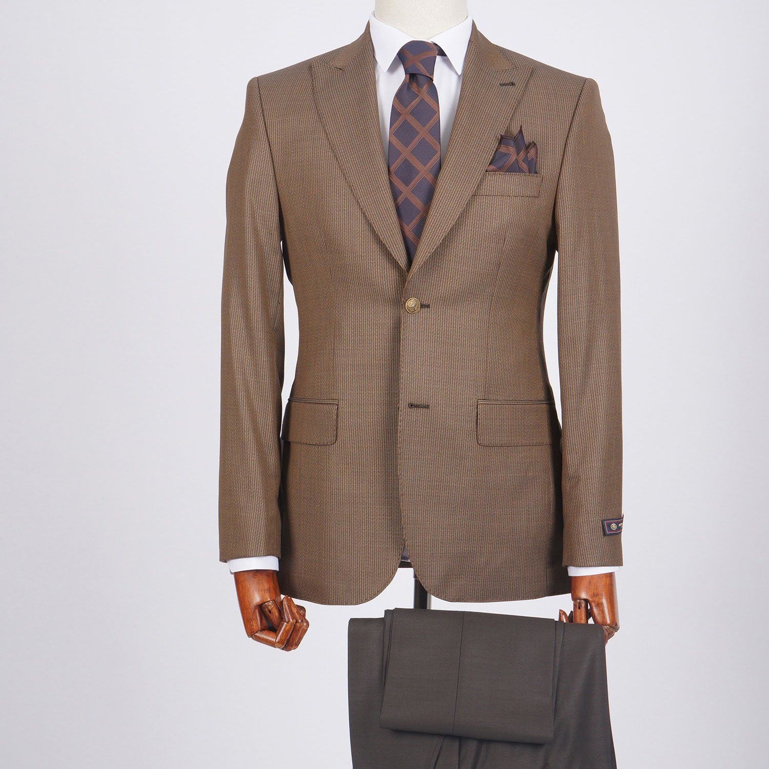 Mid-Slim Two Button Peak Lapel Wool Jacket in Micro Pattern - HerrWidman -#color_brown