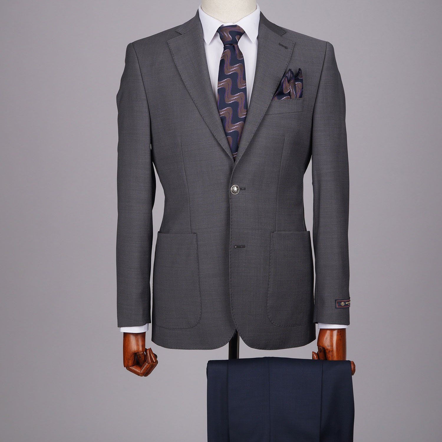 Mid-Slim Two Button Patch Pocket Wool Jacket in Micro Pattern - HerrWidman -#color_grey