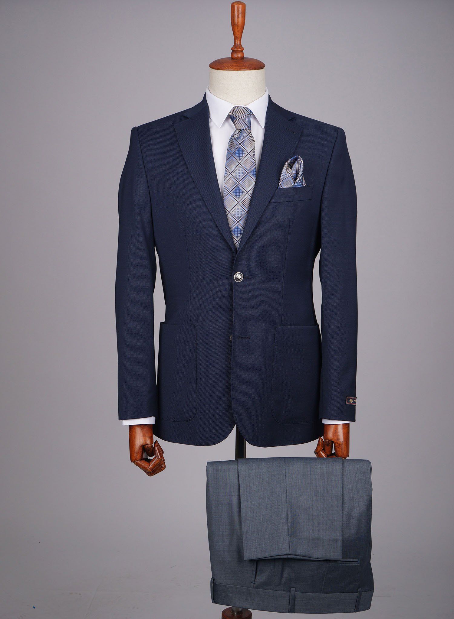 Mid-Slim Two Button Patch Pocket Wool Jacket in Micro Pattern - HerrWidman -#color_navy