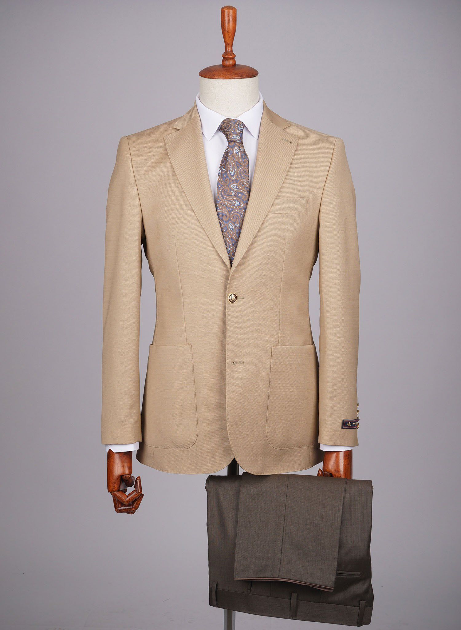 Mid-Slim Two Button Patch Pocket Wool Jacket in Micro Pattern - HerrWidman -#color_beige