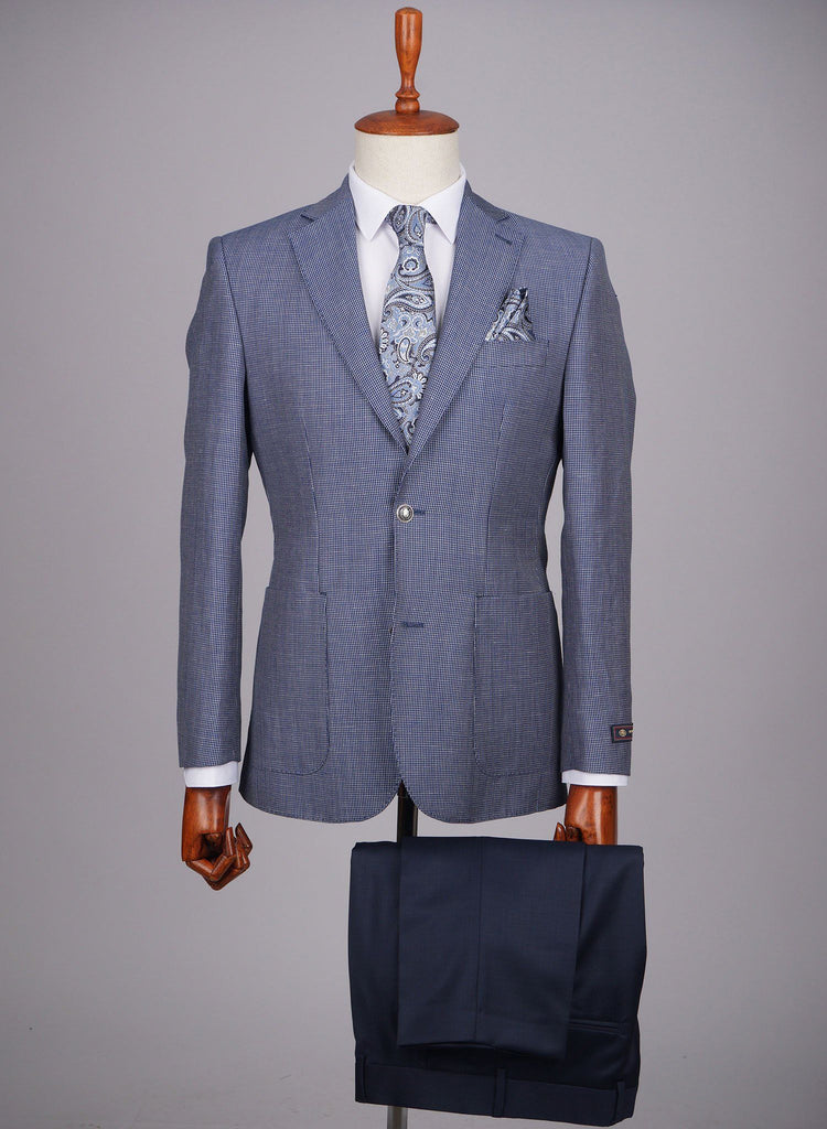 Mid-Slim Two Button Patch Pocket Wool-Linen Jacket in Micro Pattern - HerrWidman -#color_blue