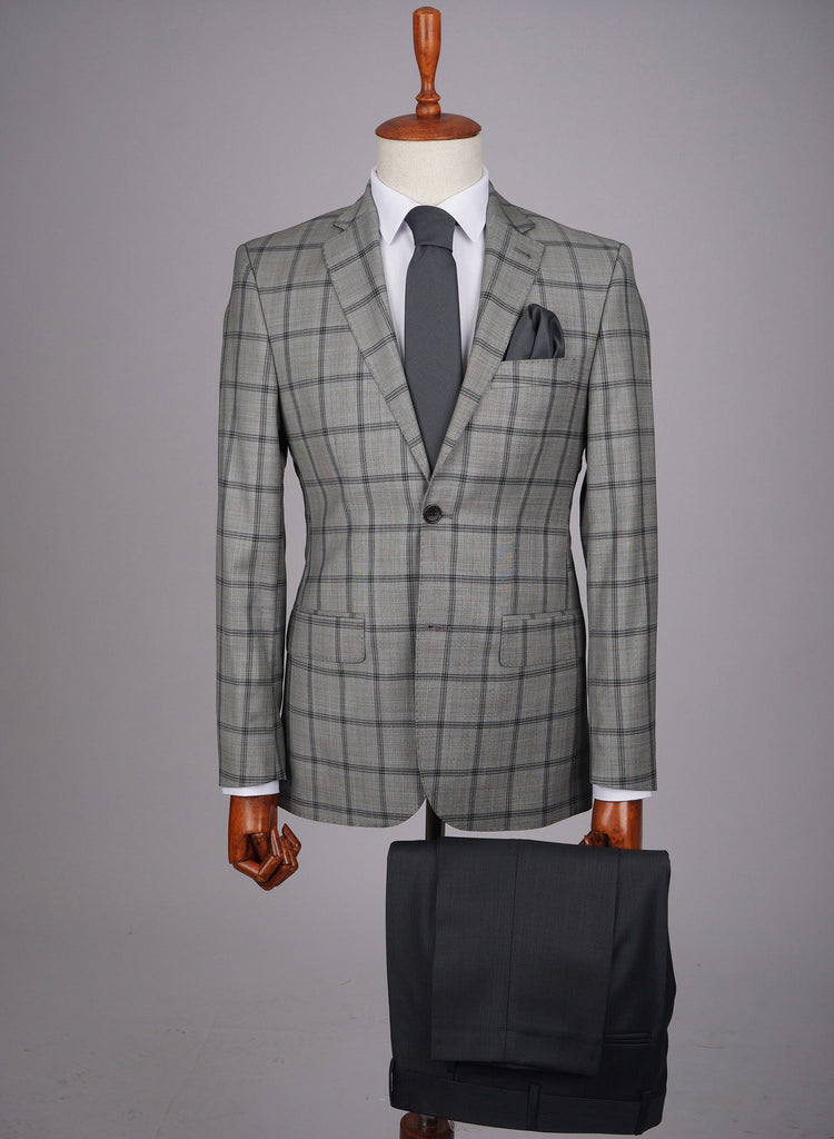 Mid-Slim Two Button Wool Jacket in Checked Pattern - HerrWidman - #color_grey