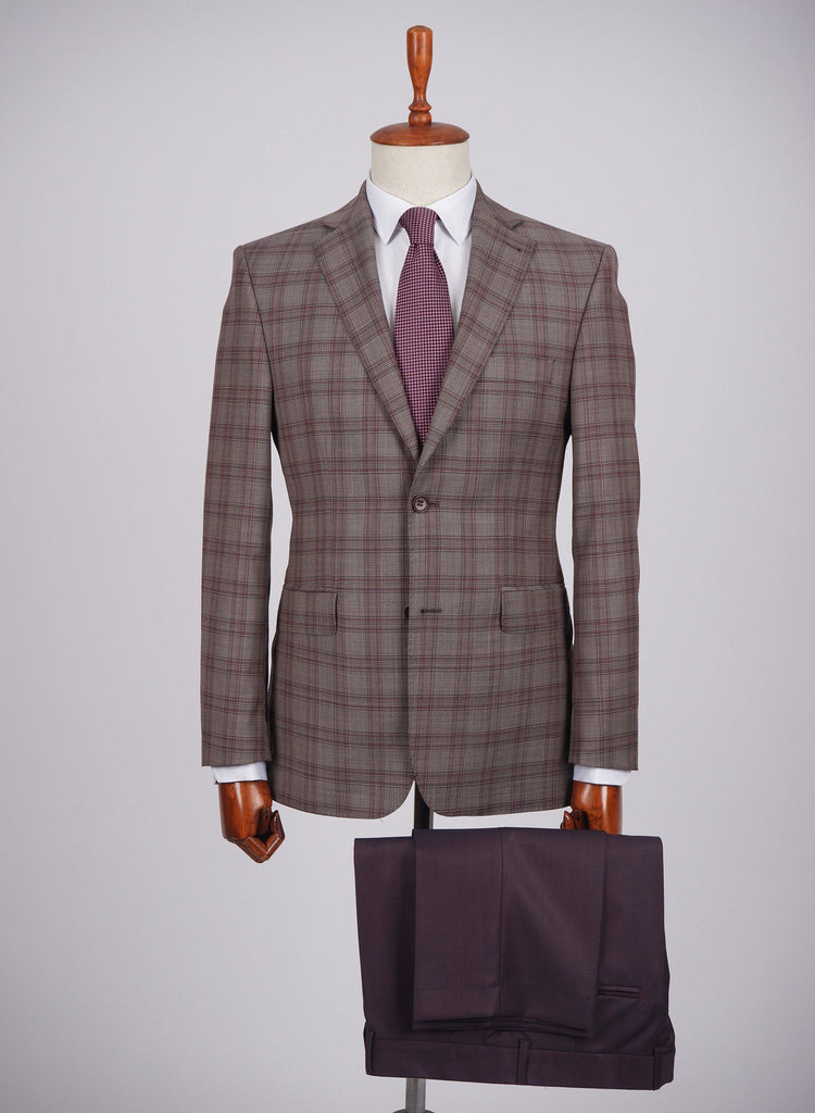 Mid-Slim Two Button Wool Jacket in Checked Pattern - HerrWidman -#color_maroon