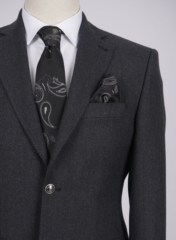 Mid-Slim Two Button Wool Jacket in Fish Bone Pattern - HerrWidman -#color_grey