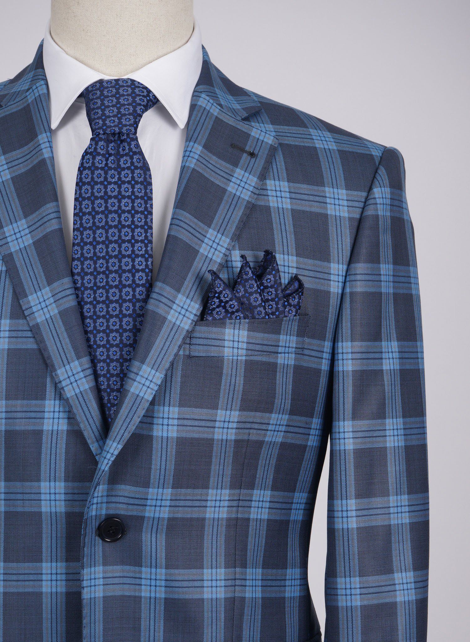 Mid-Slim Two Button Wool Jacket in Checked Pattern - HerrWidman -#color_blue